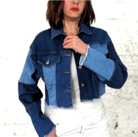LABIJOU Mulri-tone Patch Crop Raw Hem Denim Jacket Small Boutique NWT - Picture 12 of 13